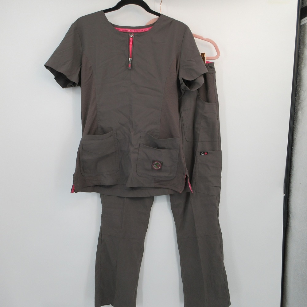 Koi Lite Serenity Scrub Set Charcoal Grey Pink Quarter Zip Slim Fit Medium